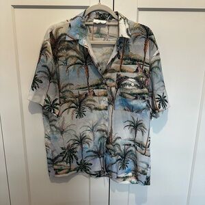 Topshop women’s Short-Sleeve Palm Print Shirt - Light Blue